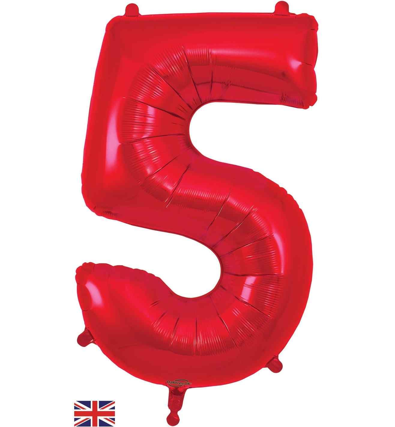 34" Red Number 5 Oaktree Foil Balloon