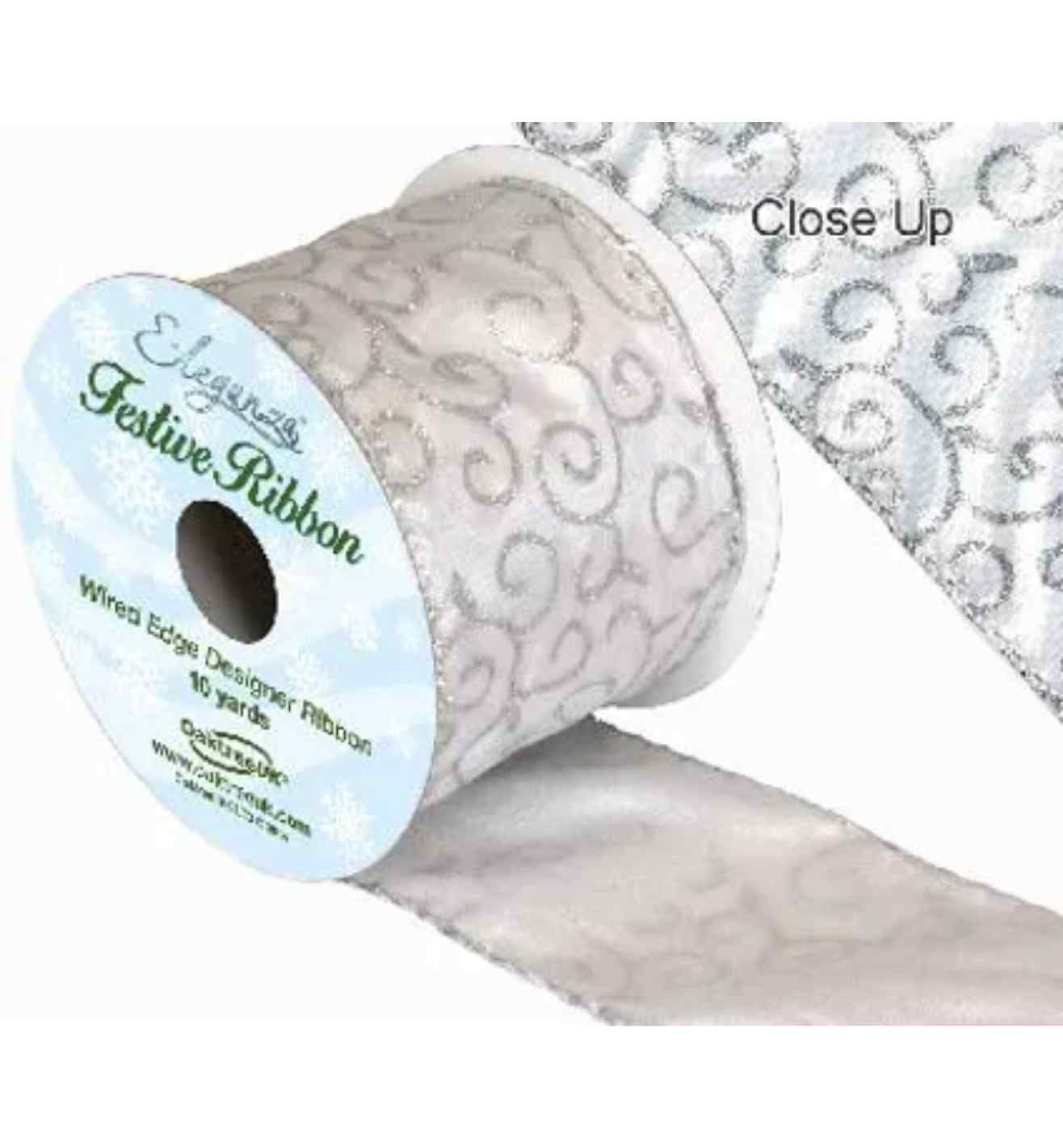 Eleganza Satin Wired Edge Glitter Filigree Silver 10yds x 63mm