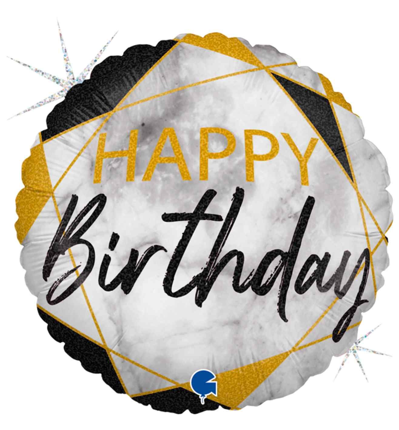 18" Grabo Marble Matte Happy Birthday Black Glitter Holographic Foil Balloon