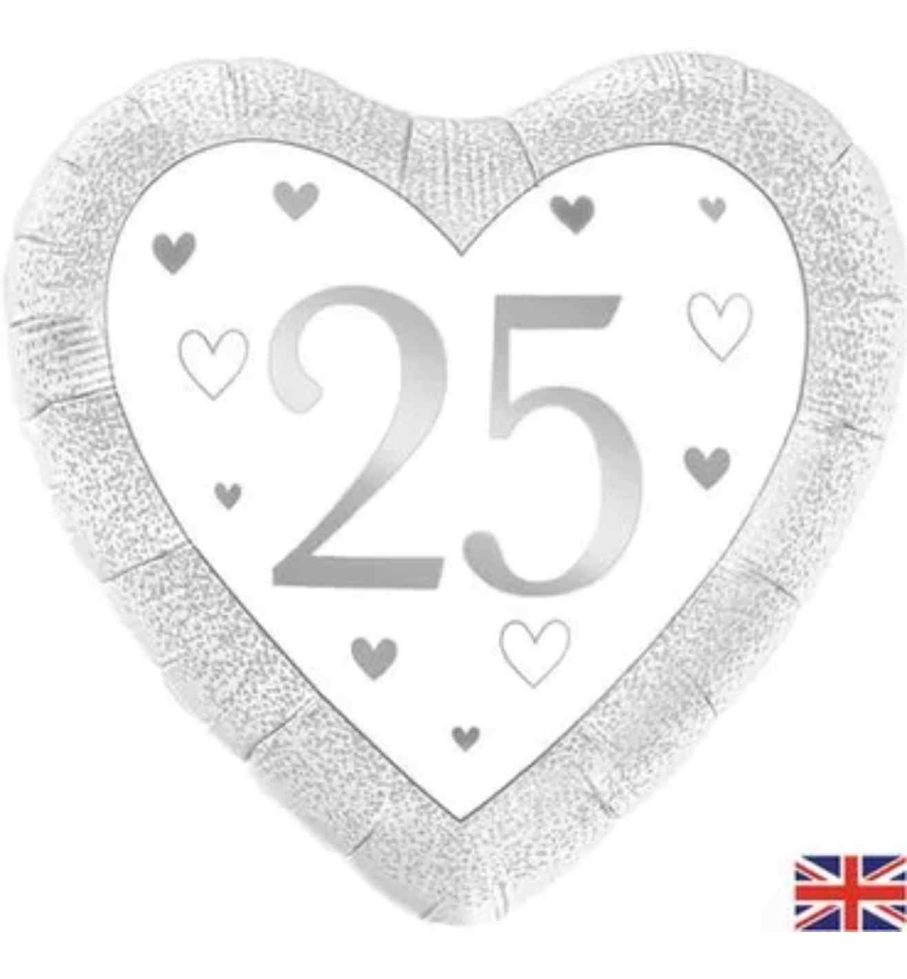 18" Oaktree Happy 25th Anniversary Silver Heart Foil Balloon