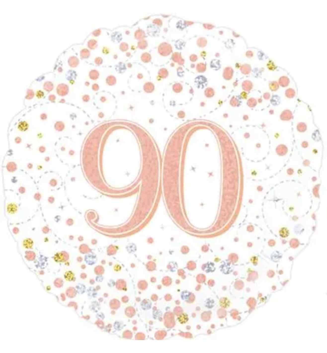 18" Oaktree Sparkling Fizz 90th Birthday White/Rose Gold Round