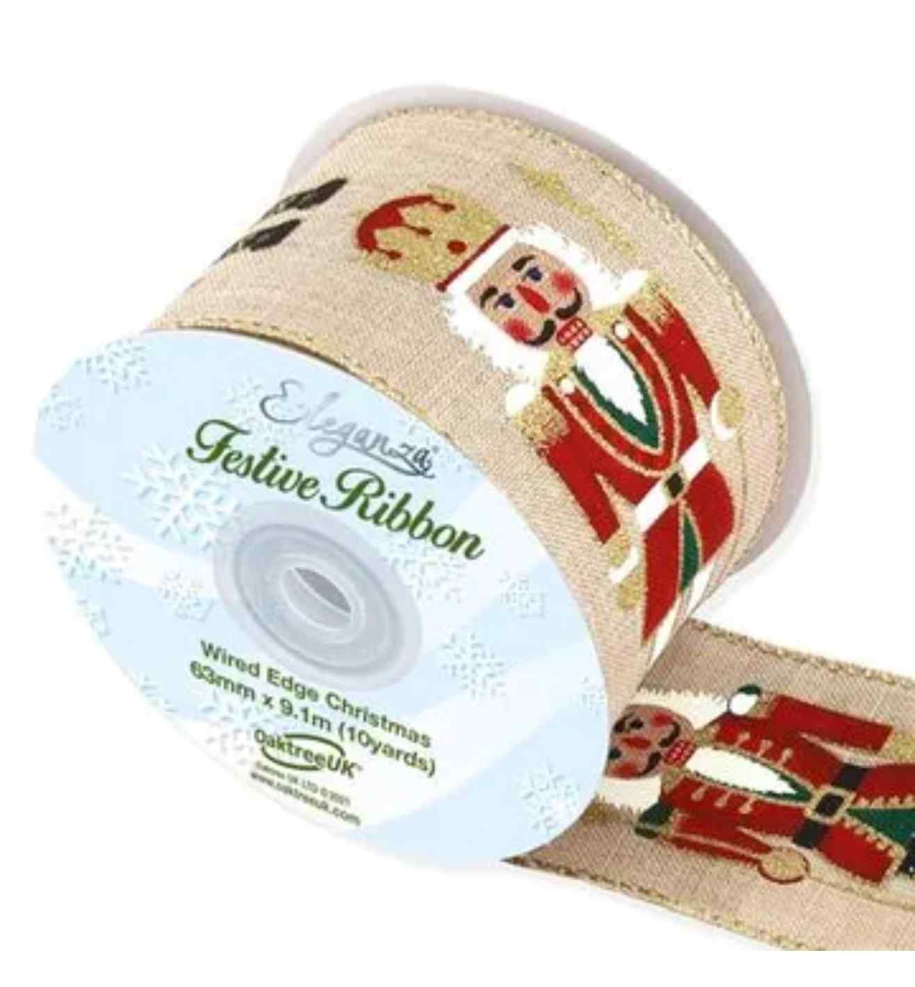 Wired Edge Christmas Nutcracker Natural/Red 63mm x 9.1m