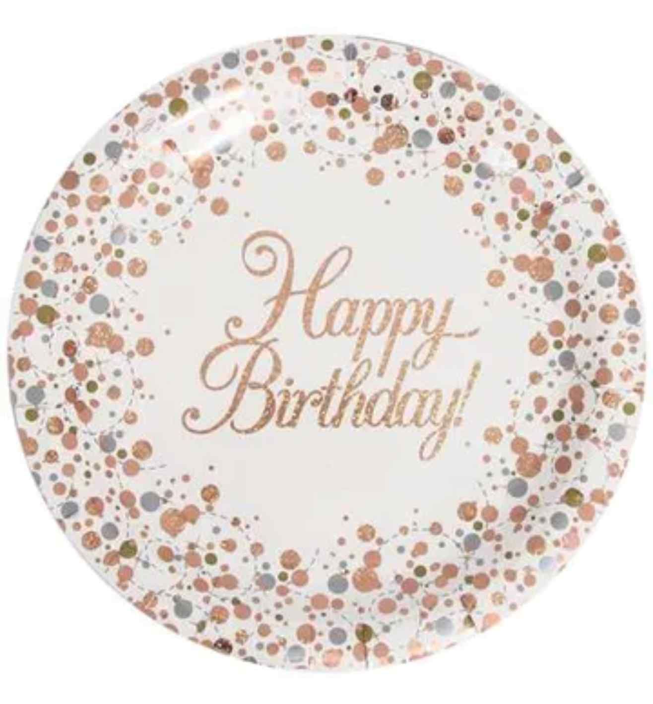 Happy Birthday Sparkling Fizz Rose Gold Party Plates 8pk
