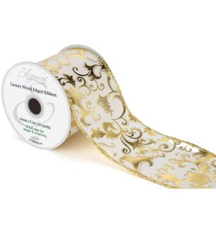 Eleganza Luxury Wired Edge Ribbon Christmas Gilded Filagree Cream/Gold No.454 63mm x 9.1m