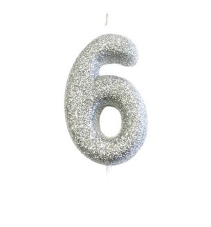 number-6-glitter-cake-candle-silver