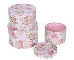 Set of 3 Round Flower Boxes w/ Floral Pattern - Vintage Pink